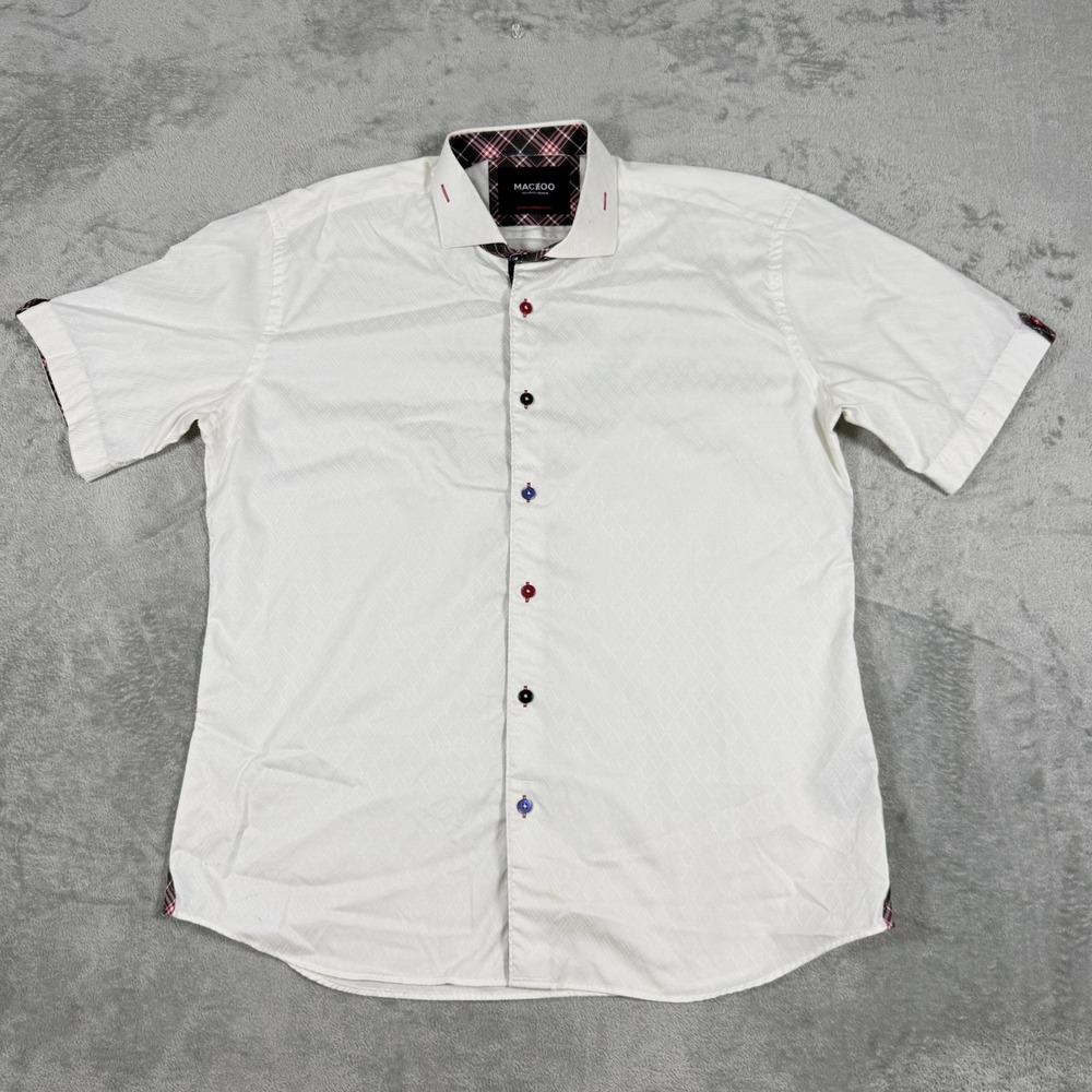 Maceoo Mens 5/XL Short Sleeve Button Down White Jacquard Diamond Plaid Trim